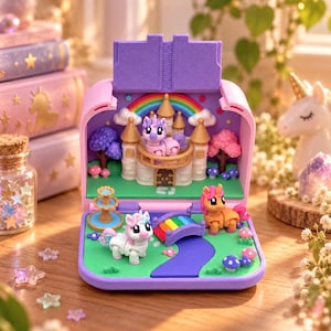 May include: A purple portable playset featuring a miniature castle with a rainbow backdrop, a fountain, and a small bridge. Three small unicorn figures are positioned within the scene, which is decorated with colorful trees and mushrooms.