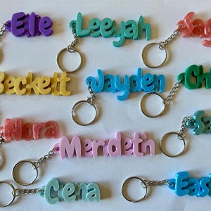Op de afbeelding: Een verzameling kleurrijke naam sleutelhangers in verschillende kleuren, waaronder paars, groen, geel, blauw, roze en rood. Elke sleutelhanger heeft een andere naam in een speels lettertype, bevestigd aan een zilveren sleutelring.
