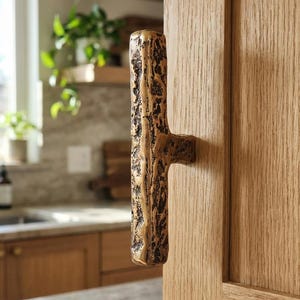 Puede incluir: Un tirador de armario de color bronce con un diseño texturizado y orgánico. El tirador está montado en una puerta de armario de madera de color claro. El tirador tiene una forma vertical similar a una rama de árbol con una extensión horizontal.