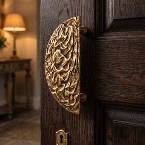 May include: A semi-circular brass door handle with a textured, organic, molten-like surface mounted on a dark brown wooden door. Below the handle is a matching brass keyhole escutcheon plate with a vertical opening for a key.