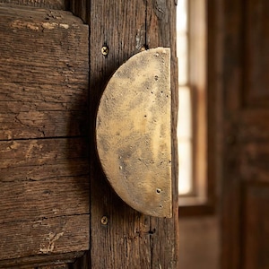 May include: A half-moon shaped brass door pull is mounted on a weathered, dark wood door. The door pull has a textured surface and is attached with screws. The wood grain is visible.