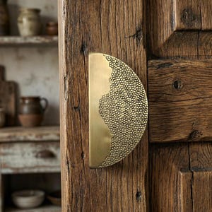 Handmade Hammered Brass Cabinet Handle | Half Moon Door Pull | Artisan Solid Brass Furniture Hardware
