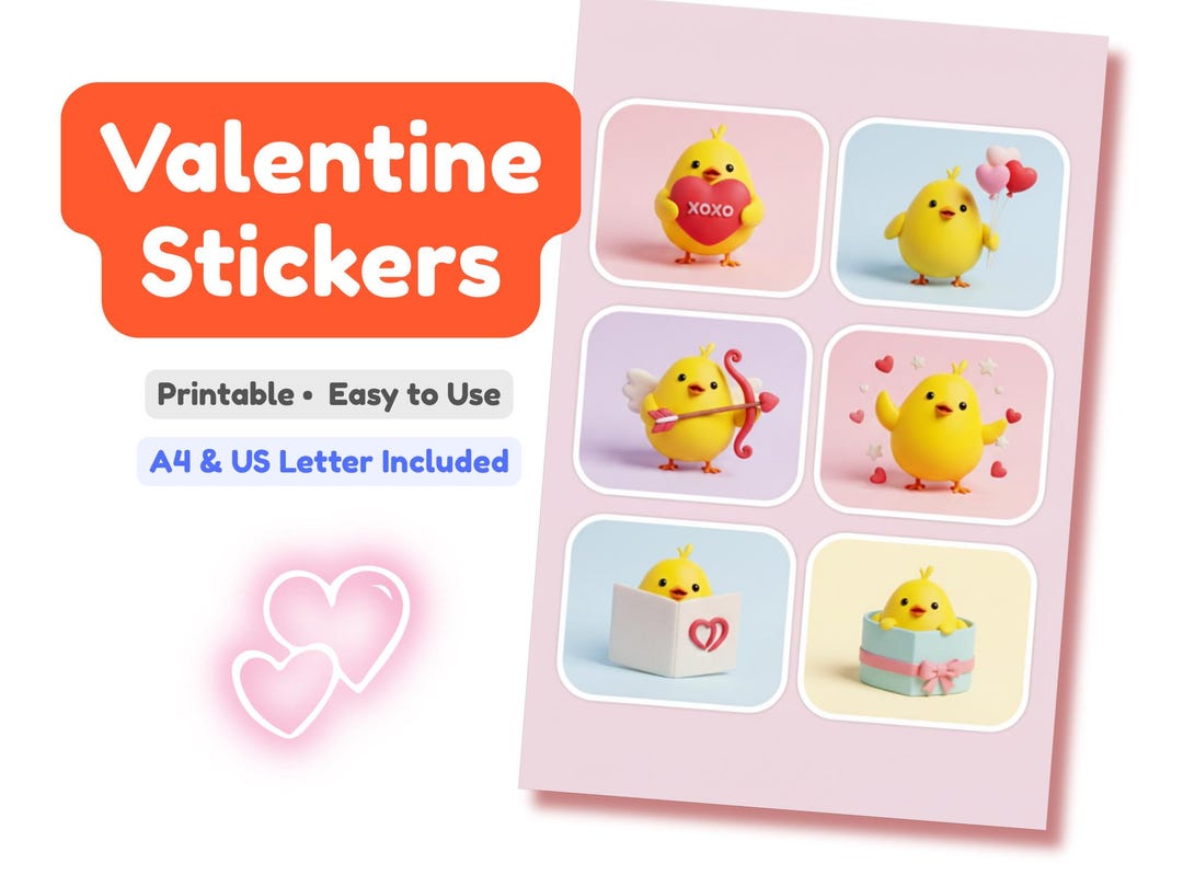 Valentine Stickers Printable | Cute Chick Valentine Stickers | A4 & US ...