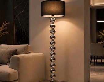 Modern Floor Lamp, Black Fabric Shade, Silver Sphere Column, Contemporary Lighting