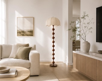 Mid-Century Modern Wooden Sphere Floor Lamp, Scandinavian Scalloped Fabric Light