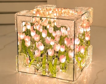 Infinity Tulip Mirror Lamp, Handmade LED Flower Night Light, Acrylic Cube Decor