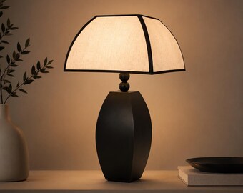 Nowoczesna czarna lampa stołowa, minimalistyczny lniany klosz, wystrój w stylu nordyckim w stylu Japandi, przytulne oświetlenie przy łóżku