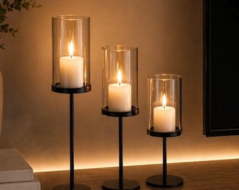 3-delat ljusstakeset i svart metallglas, modern bordsdekoration
