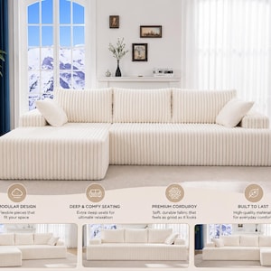 May include: Cream-colored modular sectional sofa with a corduroy texture. The sofa has an L-shape design with a chaise lounge on the left side. Includes two matching throw pillows. The sofa is designed for deep and comfy seating.