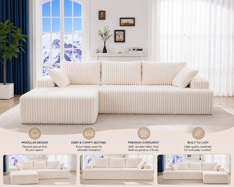 May include: Cream-colored modular sectional sofa with a corduroy texture. The sofa has an L-shape design with a chaise lounge on the left side. Includes two matching throw pillows. The sofa is designed for deep and comfy seating.