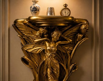 Art Nouveau-vägghylla med älvor, antik guldfärgad gudinnadekor, maximalistisk konsol, gotisk heminredning