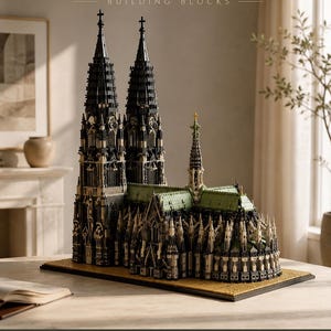 May include: A Cologne Cathedral building block set featuring 8614 pieces for ages 14 and up. The model is a detailed architectural replica with two tall spires, a green roof, and intricate grey and black stone-like textures on a base.