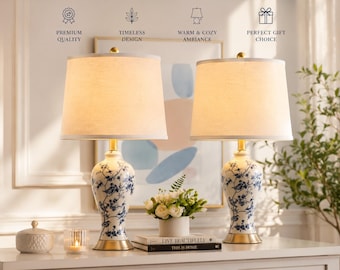 Blåvita keramiska Chinoiserie bordslampor, blommig linne nattduksbordsbelysning
