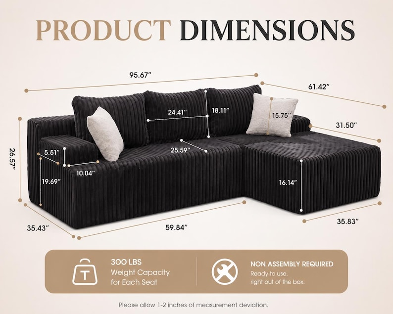 May include: Black corduroy sectional sofa with dimensions displayed. The sofa is 95.67 inches long, 61.42 inches wide, and 31.50 inches high. It has a weight capacity of 300 lbs per seat and requires no assembly.