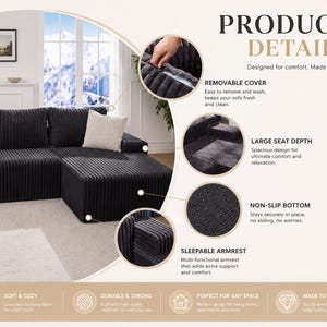 May include: A black corduroy sectional sofa with a matching ottoman. The sofa has a removable cover, a large seat depth, and a non-slip bottom. The armrest is sleepable. The text on the image says "Product Details".