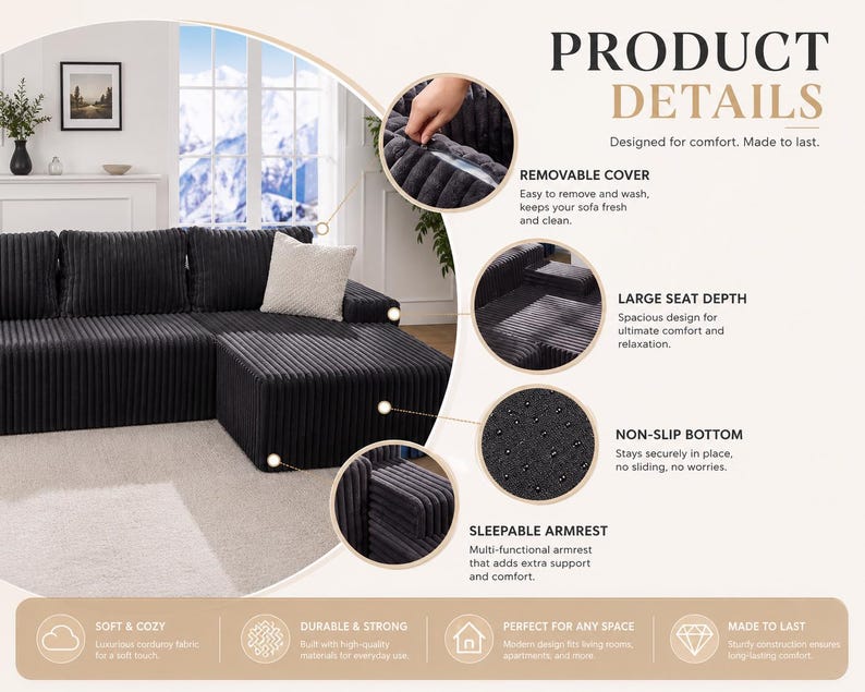 May include: A black corduroy sectional sofa with a matching ottoman. The sofa has a removable cover, a large seat depth, and a non-slip bottom. The armrest is sleepable. The text on the image says "Product Details".