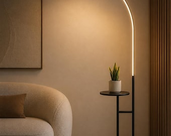 Moderne boogvloerlamp met blad | Minimalistische led-staande lamp, marmeren bijzettafel