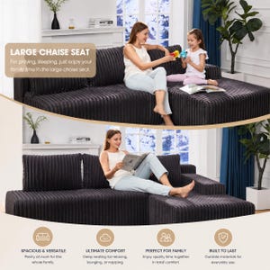 May include: A dark gray corduroy sectional sofa with a chaise lounge. The sofa has a modern design and is spacious enough for the whole family. The text on the image says "LARGE CHAISE SEAT" and "SPACIOUS & VERSATILE".