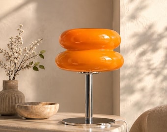 Retro bordslampa i glas med svampmotiv | Skandinavisk sänglampa i mitten av århundradet