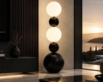 Lámpara de pie escultural moderna, iluminación con globos esféricos apilados, decoración contemporánea negra para el hogar.