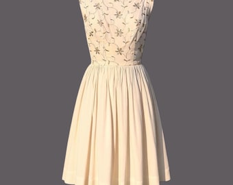 Vintage Handmade Girls Cocktail Dress Size 12 | Hand Embroidered Cream Party Dress