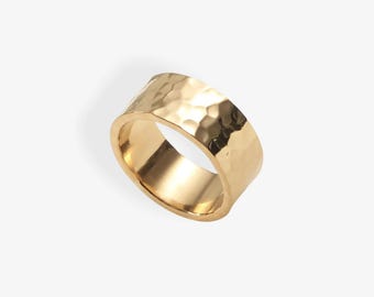 18K Gold Hammered Wide Band Ring, Waterproof Tarnish-Free Statement Jewelry