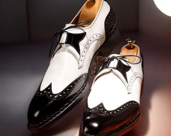 Bespoke Men's Handmade White And Black Leather Unique Style Oxford shoe.