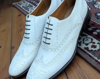 Bespoke Men's Handmade White Leather Oxford Brogue lace up shoe.