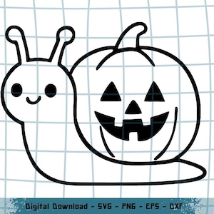 May include: A black and white line art illustration of a snail with a jack-o'-lantern pumpkin shell. The snail has two antennae and a simple smiling face. The pumpkin features triangular eyes, a nose, and a jagged mouth. Text reads Digital Download - SVG - PNG - EPS - DXF.