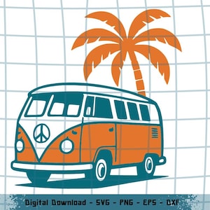 Könnte beinhalten: Eine digitale Grafikillustration eines türkisfarbenen und orangefarbenen Campingbusses mit einem Friedenszeichen auf der Motorhaube unter einer orangefarbenen Palme. Der Text unten lautet: Digital Download - SVG - PNG - EPS - DXF.