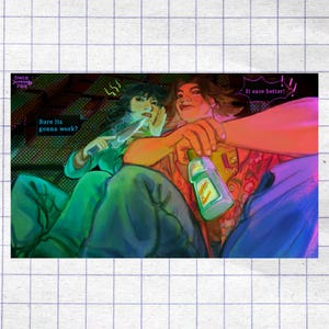 Peut inclure: Illustration de style bande dessinée avec deux personnages. L'un tient un couteau, l'autre une bouteille. Bulles de texte : "Sure its gonna work?" et "It sure better!". Palette de couleurs vives et style graphique.