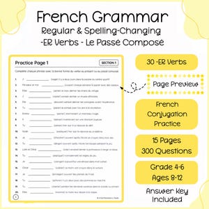 French ER Verbs Worksheets | 30 Common -ER Verbs | Passé Composé Conjugation Practice | French Grammar Worksheets