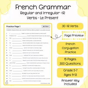 French IR Verbs Worksheets | 30 Regular & Irregular -IR Verbs | Present Tense Conjugation Practice | French Grammar