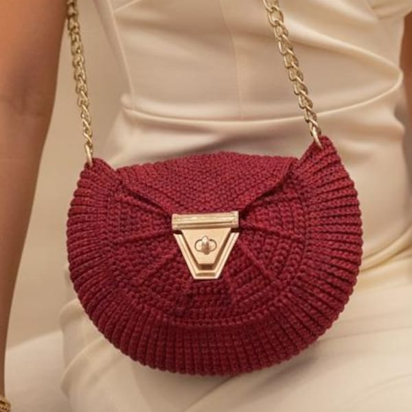 Bolso bandolera de ganchillo hecho a mano, monedero de punto burdeos con cadena dorada