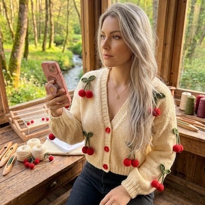May include: Cream-colored cardigan sweater with red cherry appliqués and buttons. The sweater has a V-neck and is worn with black jeans. The cherries are red with green leaves. The background shows a wooden table and a forest.