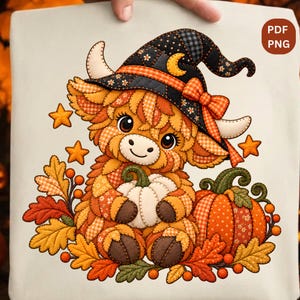 May include: A digital illustration of a fluffy Highland cow wearing a black witch hat with orange accents, holding a small white pumpkin. The design features autumn leaves, orange berries, and stars, with PDF and PNG text in the corner.