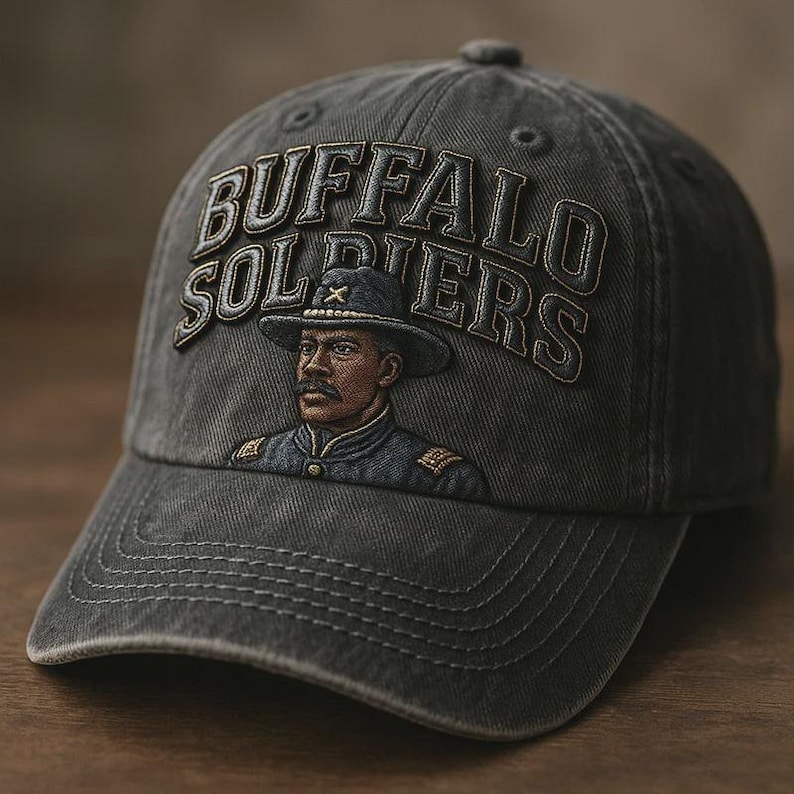Może przedstawiać: Szara czapka bejsbolowa z napisem "BUFFALO SOLDIERS" wyszytym łukiem. Poniżej portret mężczyzny w mundurze wojskowym. Czapka wykonana jest z miękkiej, zużytej tkaniny.