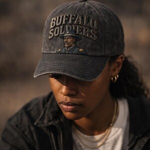 Może przedstawiać: Ciemnoszara czapka bejsbol&oacute;wka z napisem "BUFFALO SOLDIERS" i ilustracją mężczyzny w mundurze wojskowym. Czapka ma zakrzywiony daszek i postarzany wygląd, sugerujący styl vintage. Czapka jest noszona przez osobę.