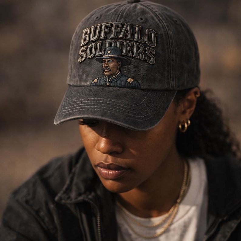 Może przedstawiać: Ciemnoszara czapka bejsbol&oacute;wka z napisem "BUFFALO SOLDIERS" i ilustracją mężczyzny w mundurze wojskowym. Czapka ma zakrzywiony daszek i postarzany wygląd, sugerujący styl vintage. Czapka jest noszona przez osobę.