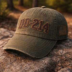 DD-214 Hat Vintage Washed Green Cap Military Veteran Gift USA Flag Embroidered Dad Hat Army Navy Gift For Him
