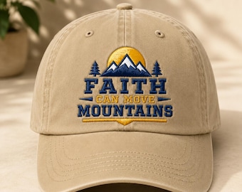 Cappello ricamato "La fede può spostare le montagne", berretto da baseball cristiano, cappello da papà con la fede, regalo con versetto biblico motivazionale, berretto vintage lavato