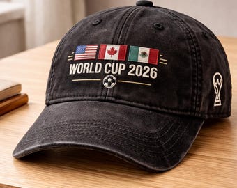 ヴィンテージ風ブラックウォッシュ加工ワールドカップ2026キャップ、アメリカ・カナダ・メキシコ刺繍入り帽子、サッカーパパ帽子、ダメージ加工フットボールキャップ、ファンへのギフト