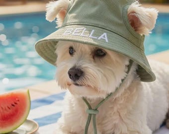 Sombrero tipo cubo personalizado para perros con orificios para las orejas, sombrero de sol bordado a medida para mascotas, sombrero de verano para cachorros, gorra ajustable con protección UV para perros y gatos.