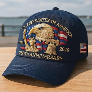 以下が含まれることがあります： 刺繍デザインのネイビーブルーの野球帽。ワシ、アメリカ国旗、自由の鐘、自由の女神が特徴です。「UNITED STATES OF AMERICA」、「1776」、「2026」、「250TH ANNIVERSARY」の文字が含まれています。小さなアメリカ国旗が側面にあります。