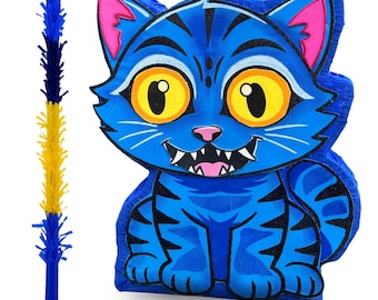 Piñata a forma di gatto blu: decorazione per feste fatta a mano, ideale per festeggiare un compleanno.
