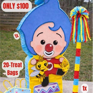 May include: A large, colorful pi&ntilde;ata shaped like a cartoon character with a red nose and blue hair, accompanied by a matching stick and 20 treat bags. The pi&ntilde;ata features a bee graphic. The stick is red, yellow, and blue.