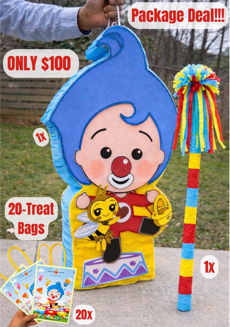 May include: A large, colorful pi&ntilde;ata shaped like a cartoon character with a red nose and blue hair, accompanied by a matching stick and 20 treat bags. The pi&ntilde;ata features a bee graphic. The stick is red, yellow, and blue.