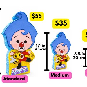 May include: Three colorful pi&ntilde;atas in the shape of a cartoon character with blue hair, a red nose, and a yellow and red outfit. The largest is 34 inches tall, the medium is 17 inches, and the smallest is 8.5 inches. Each pi&ntilde;ata has a bee graphic.