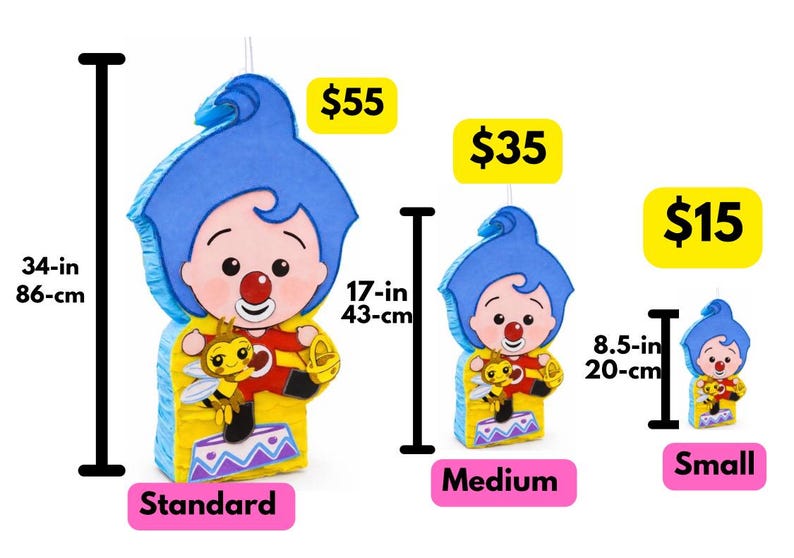 May include: Three colorful pi&ntilde;atas in the shape of a cartoon character with blue hair, a red nose, and a yellow and red outfit. The largest is 34 inches tall, the medium is 17 inches, and the smallest is 8.5 inches. Each pi&ntilde;ata has a bee graphic.