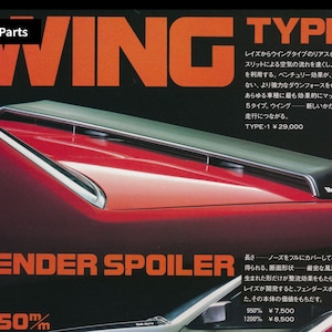May include: Red car wing spoiler with black accents. The image features the text "WING TYPE1" in orange, along with Japanese text. The bottom of the image shows "FENDER SPOILER" in orange.